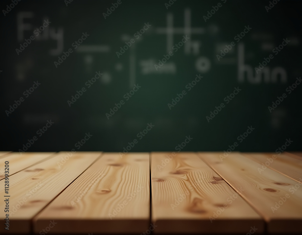 Aufkleber Wooden tabletop is in sharp focus while a blurry blackboard with dark writing fills the blurred background space nearby._00002_