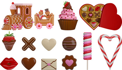 set of isolated valentine's day sweets. collection of valentine chocolates, cookies and candies