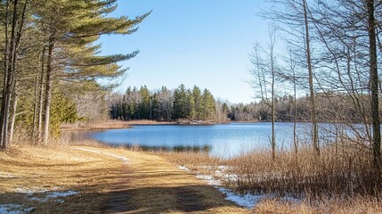 Obraz premium Winter Landscape of New England Style Park with Lake in Distance, Dirt Trail, Leafless Trees, Serene Winter Scenery