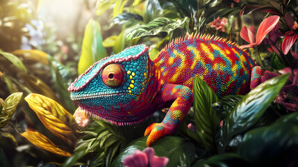 A colorful 3D cartoon chameleon blending into a tropical rainforest background.