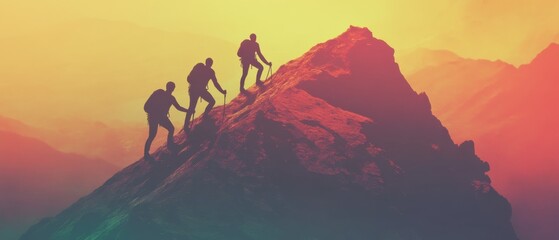 Naklejka premium Three Hikers Ascending Majestic Mountain Peak at Sunset
