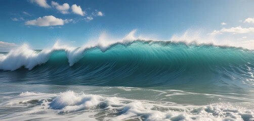 Rolling ocean waves with foamy crests on a bright blue sky, aquatic visuals, ocean waves, foamy crest