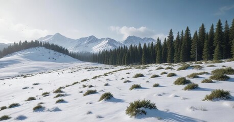 Rolling green hill covered in snow with pine trees towering above, rolling hills, winter wonderland