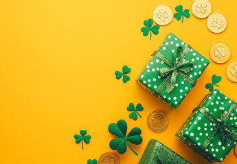 Bright green gifts with polka dots and shamrocks on yellow background create festive atmosphere for celebrations. Perfect for St. Patrick Day or spring events