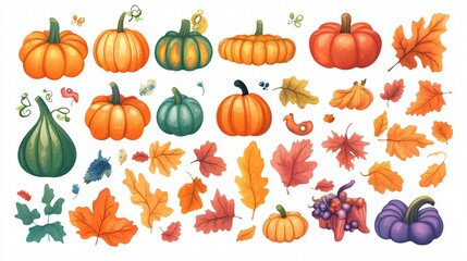 Vibrant Collection of Diverse Pumpkin Shapes in Assorted Colors for Fall Decor