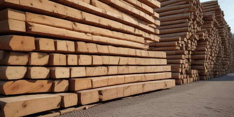 Neatly organized lumber yard, planks and logs, wooden, piles, storage