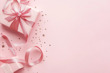 Obraz premium Elegant pink gift boxes with ribbons and golden stars on soft pink background create festive atmosphere. Perfect for celebrations and special occasions