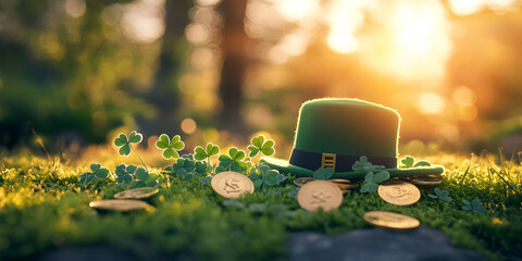 St. Patrick's Day Hat with Gold Coins and Shamrocks in Natural Sunlight