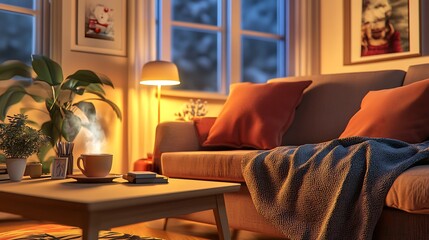 A cozy living room setup with a plush sofa, a warm throw blanket, and a coffee table adorned with a steaming cup of tea, perfect for a relaxing staycation at home 