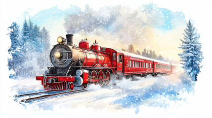 vibrant red steam locomotive travels through snowy landscape, evoking nostalgia and warmth