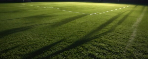 Empty soccer field with shining floodlights casting long shadows on grass,  competitive,  recreation