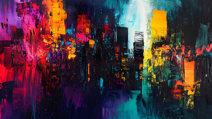 Panoramic cityscape, vibrant brush strokes capturing cryptocurrency market fluctuations, surrealist twists and dynamic colors, lively energy. Echo. Illustration