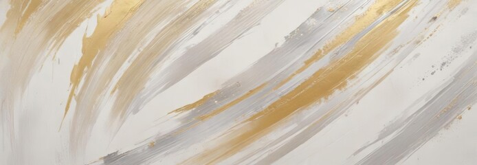 Obraz premium Elegant brush strokes of yellow gold and silver mingle on a canvas of soft white hues creating an eye-catching artistic arrangement, artwork, metallic art, yellow gold
