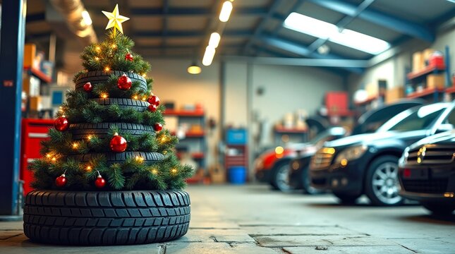 Festive christmas tree made of tires in an auto garage setting