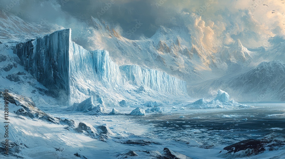 Poster a panoramic view of a glacier's edge, with massive chunks of ancient ice breaking off and falling in