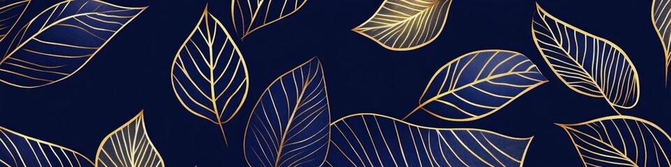 Art deco pattern with lines on a navy blue background, featuring golden line art of leaves.