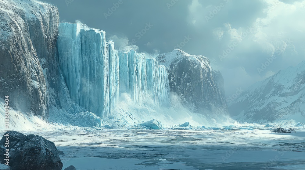 Aufkleber a panoramic view of a glacier's edge, with massive chunks of ancient ice breaking off and falling in