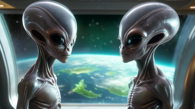 Two extraterrestrial beings engage in conversation while observing planet earth from their spacecraft, marveling at the beauty and complexity of the universe beyond their home