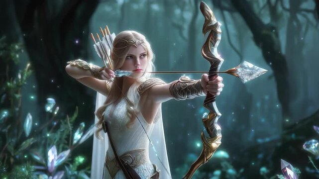 Elf archer gracefully draws her ornate bow, poised in a magical forest. Crystal accents and ethereal lighting enhance the fantasy ambiance