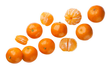 Set of clementines or mandarins and peeled pieces flying on white background. Isolated