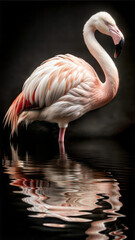 Flamingo with dramatic lighting, standing in water with vibrant reflection