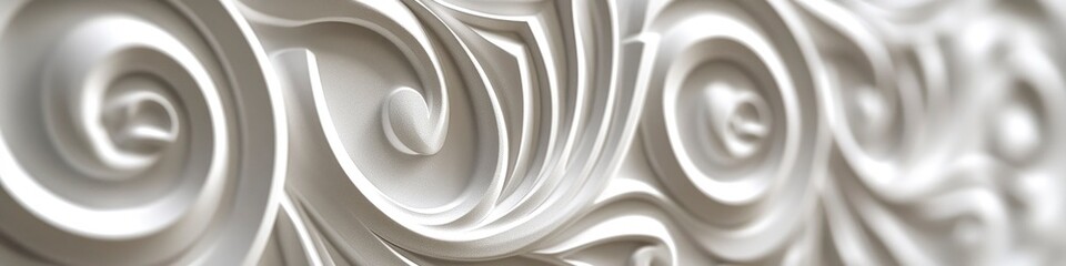 The image is a close up of a white wall with a pattern of swirls and curves