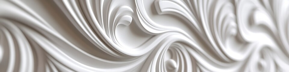 The image is a close up of a white wall with a pattern of swirls and curves