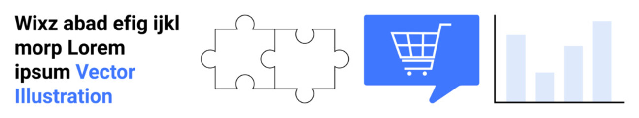 Puzzle pieces symbolizing problem-solving, shopping cart in a speech bubble representing e-commerce, and bar graph indicating data analysis. Ideal for business strategy, e-commerce, retail