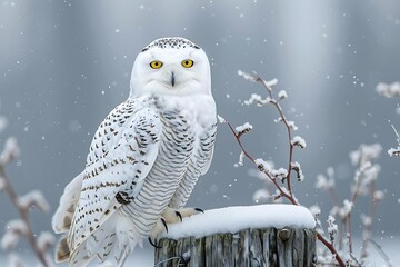 Majestic snowy owl perched on a snow-covered post during a snowfall, displaying intricate feather details and intense yellow eyes.