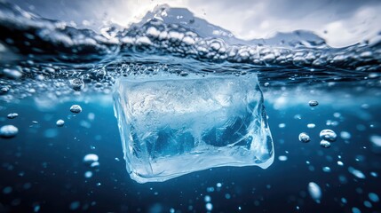 Obraz premium A partially melted ice block underwater, surrounded by tiny swirling air bubbles and soft blue light tones