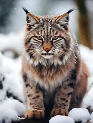 Fototapeta premium A majestic lynx sits in the snow, staring intensely at the camera.