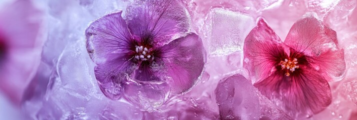 Close-up of frozen flowers inside an ice block, with pink and purple hues, macro photography.