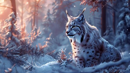 Majestic lynx sitting in a snowy forest at sunset.