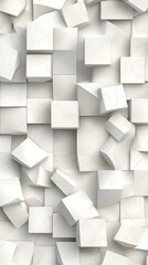 White background with cubes of different sizes and shapes arranged in an abstract pattern, creating a modern minimalist design for various applications
