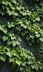 A lush wall covered in vibrant green wild grape leaves with delicate veins and intricate textures, greenery, vines