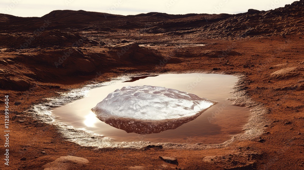 Poster a patch of translucent ice embedded in mars' red soil, with soft reflections creating a stark contra