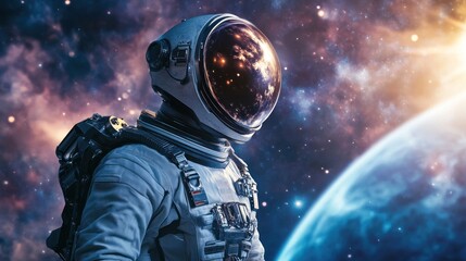 A futuristic space explorer hero in a high-tech spacesuit, standing on the surface of a distant planet with a galaxy in the background.