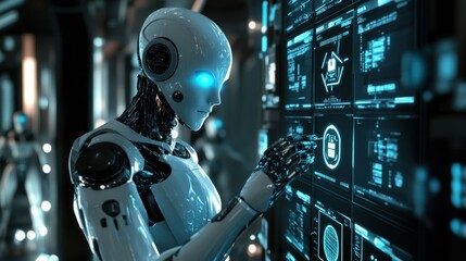 Fototapeta premium Futuristic Robot Interacting with Advanced Technology