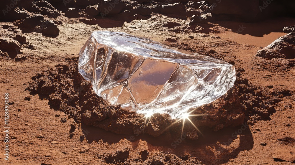 Poster a patch of translucent ice embedded in mars' red soil, with soft reflections creating a stark contra