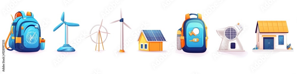 Poster a playful layout of clean energy objects like solar backpacks, wind generators, and energy-efficient