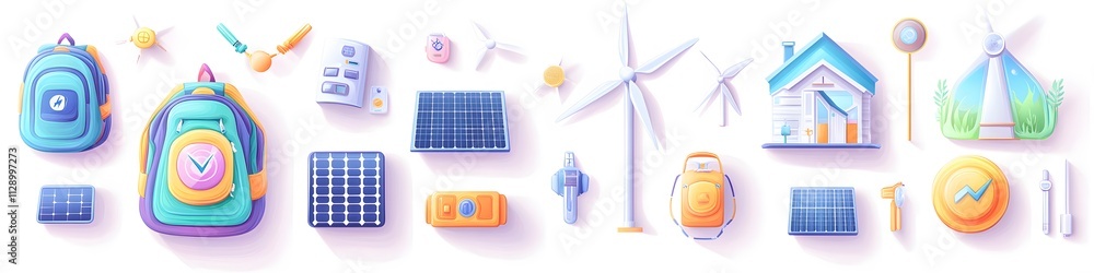 Poster A playful layout of clean energy objects like solar backpacks, wind generators, and energy-efficient homes, rendered in a vibrant style. Vector art, 4k resolution, white background