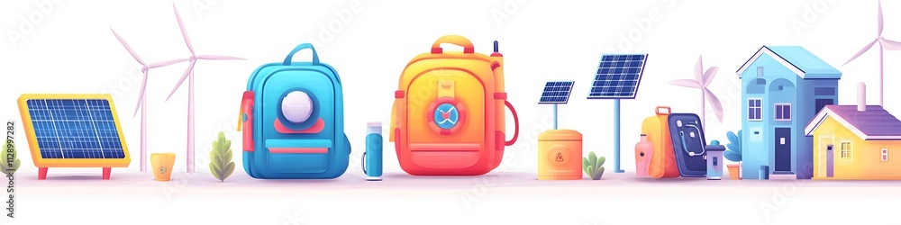 Poster A playful layout of clean energy objects like solar backpacks, wind generators, and energy-efficient homes, rendered in a vibrant style. Vector art, 4k resolution, white background