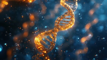Elegant spiral of rainbow DNA double helix with light bokeh and bubbles, creating a serene blue scene