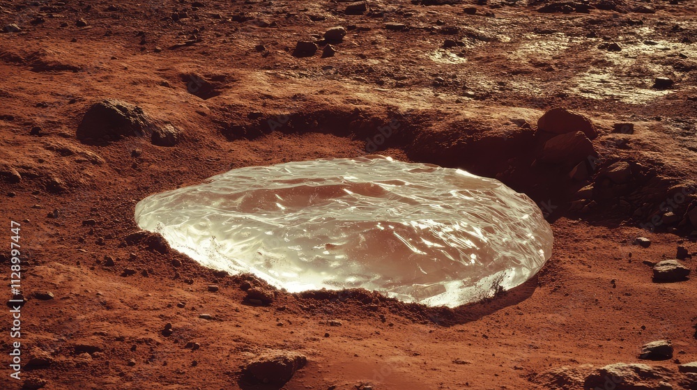 Poster a patch of translucent ice embedded in mars' red soil, with soft reflections creating a stark contra