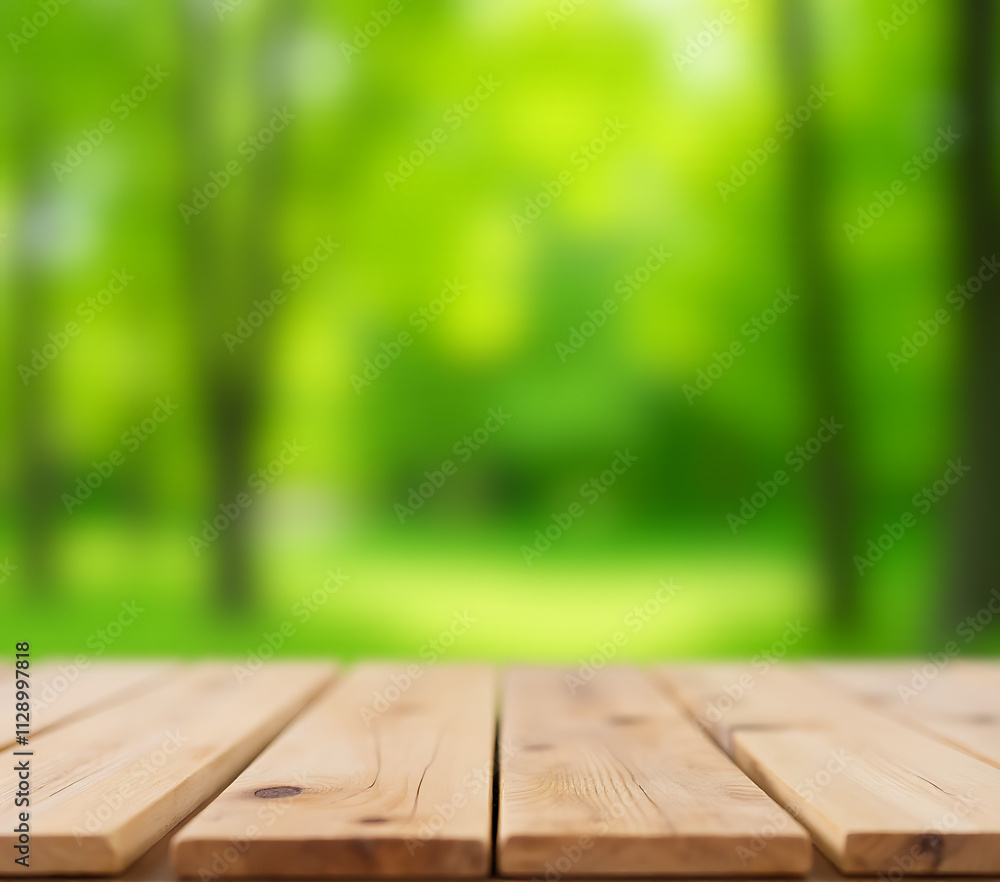 Poster The wood table top is in sharp focus while the green tree background is blurred out of focus._00001_