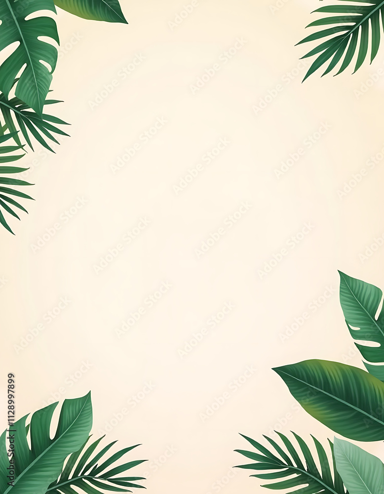 Poster the summer promotional ad features a calming pastel color background with lush tropical leaves for a