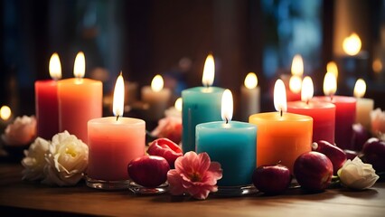 Colorful Candles With Flowers and Fruits Create a Warm Ambiance in a Cozy Setting