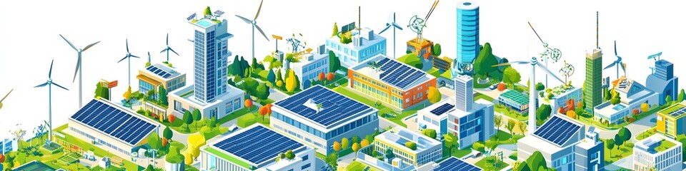 A vibrant array of sustainable energy solutions, including rooftop solar panels, micro wind turbines, and green urban layouts. Vector art, 4k resolution, white background