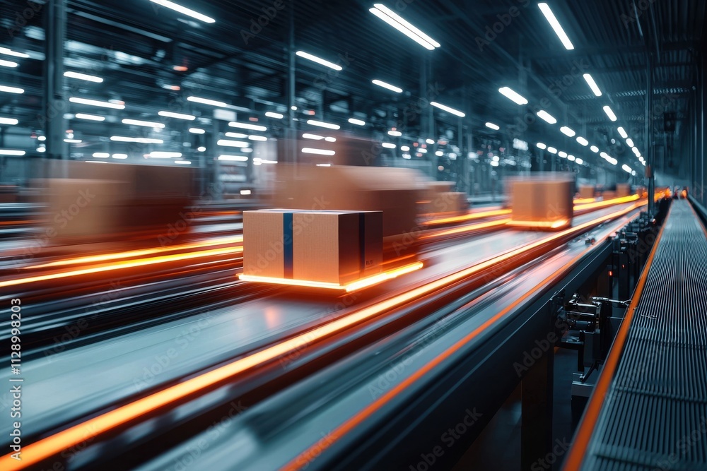 Poster a dynamic view of packages moving swiftly along a conveyor belt in a modern warehouse, showcasing au