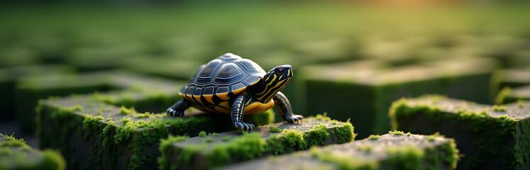 Fototapeta premium The solution and solving concepts align with a baby turtle navigating a maze, providing smart direction for business operations._00002_